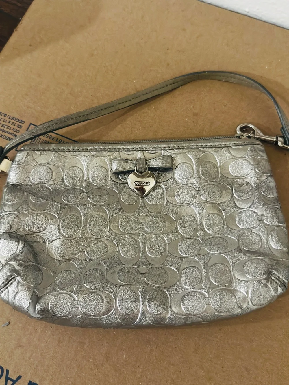Coach Silver Signature Wristlet with Heart Charm - well loved